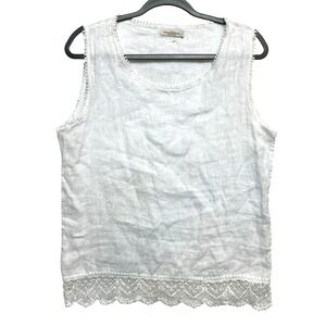 Laura Bianchi Tank Top Womens Large White Sleeveless White 100% Linen Lace Trim